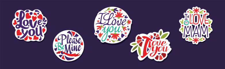 Wall Mural - Love Lettering Sticker and Badges with Flowers Vector Set