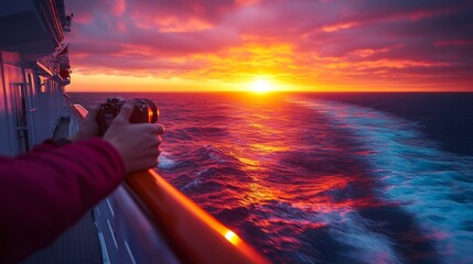 Poster - A traveler stands on the deck of a cruise ship, holding a camera while admiring a vibrant sunset over the ocean. Waves gently ripple below as colors fill the sky.