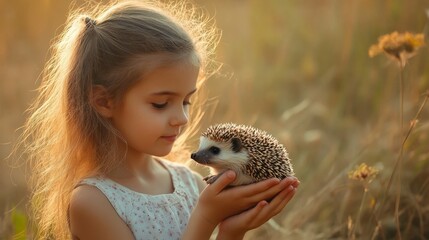 Wall Mural - young girl holding a hedgehog in her hands, careful and intrigued expression, ,