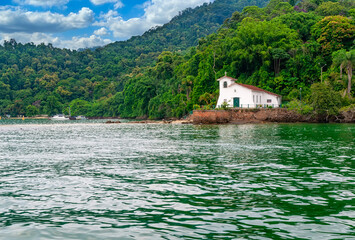 Wall Mural - Lagoon with small church in Angra dos Reis, Rio de Janeiro, Brazil. Tropical seascape of Brazil.