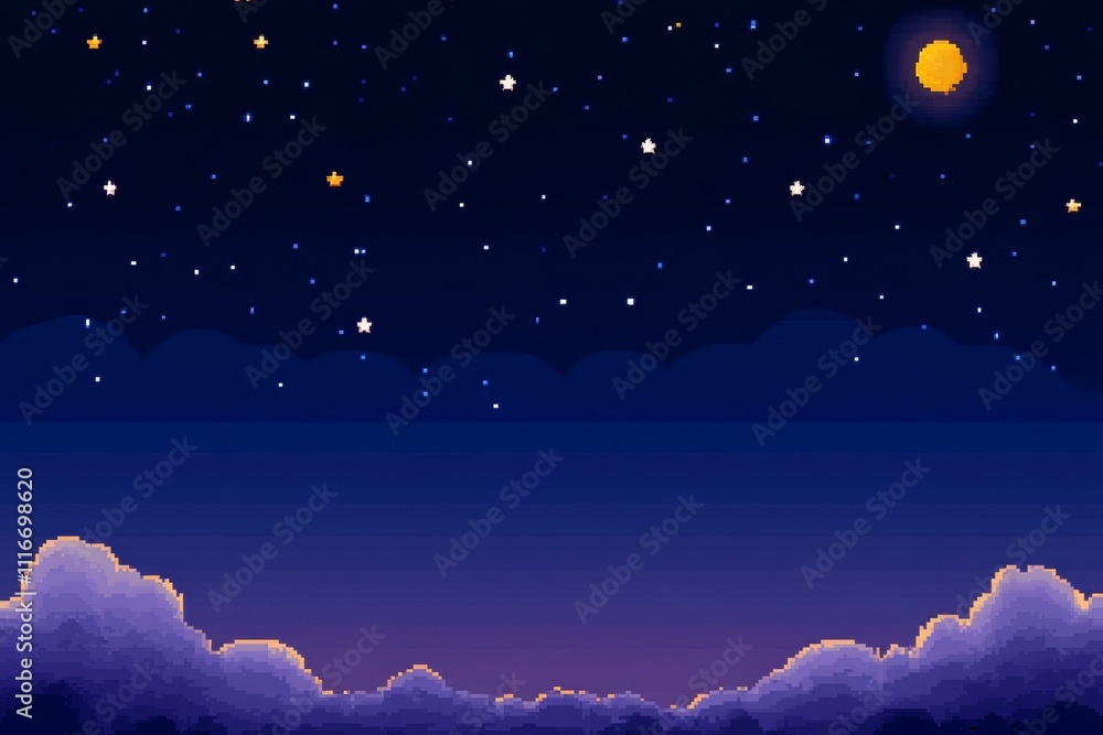 Pixel art night sky with stars and moon above clouds Stock Illustration ...