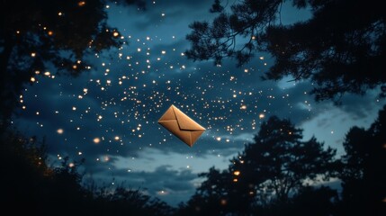 Wall Mural - Enchanted night sky filled with stars, with a letter drifting gently through the air.