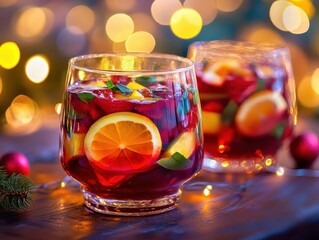 Wall Mural - Holiday season festive punch with vibrant colors, sleek glassware, soft lighting