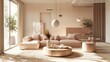 © ibtesam - Minimalist living room in warm beige and soft pink, featuring modern furniture and open space