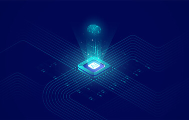 Wall Mural - artificial intelligence vector banner, isometric ai chip background on technology blue background. d