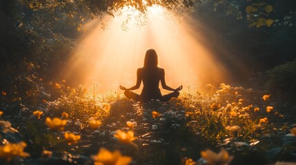Poster - Surrounded by blooming flowers, an individual sits cross-legged in meditation, illuminated by soft golden light filtering through trees at sunset, evoking serenity and calmness.
