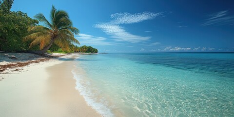 Wall Mural - A breathtaking tropical beach with pristine white sands, clear turquoise waters, and lush green palm trees along the shoreline under a vibrant blue sky.