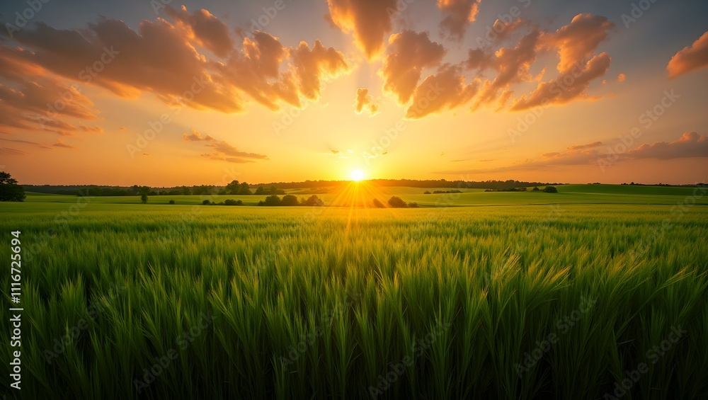 Golden Hour Serenity: A vast field of verdant grass stretches towards a ...