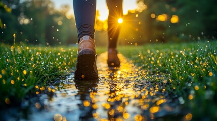 Poster - As the sun sets, a person walks along a rain-soaked path surrounded by lush greenery. Water droplets sparkle as they move, creating a serene atmosphere.