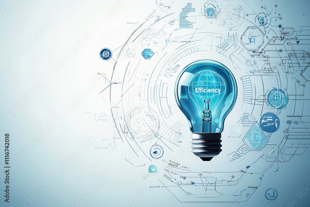A glowing blue light bulb symbolizing efficiency is surrounded by intricate digital designs and icons.