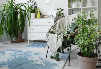 Wall Mural - Interior of light living room with armchair, drawers and plants