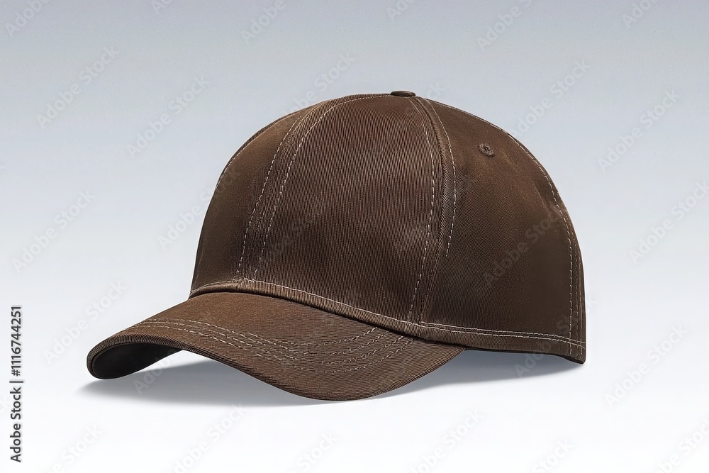 A brown baseball cap is displayed on a soft gray surface, highlighting its textured fabric and stylish design. The caps curved brim and structured form suggest versatility for casual wear.