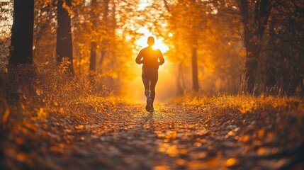 Poster - A runner navigates a winding trail surrounded by vibrant autumn foliage as the sun sets, casting a warm golden light through the trees.
