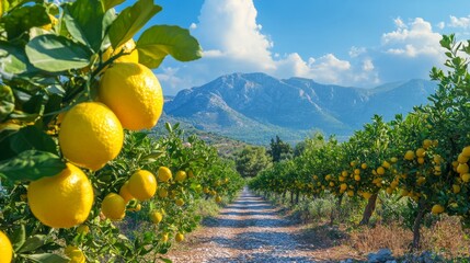 Wall Mural - Lush Lemon Orchard with Mountain Backdrop