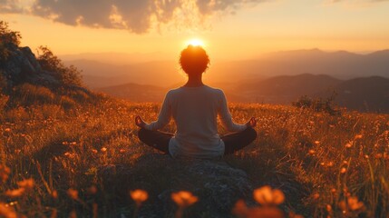 Poster - A person sits cross-legged on a rocky surface, meditating as the sun sets behind distant mountains, illuminating the vibrant flowers around them with a warm glow.