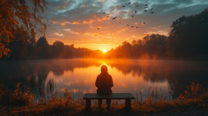 Poster - As the sun sets over the tranquil lake, a person sits quietly on a bench, reflecting on the beauty of nature, surrounded by birds in flight.