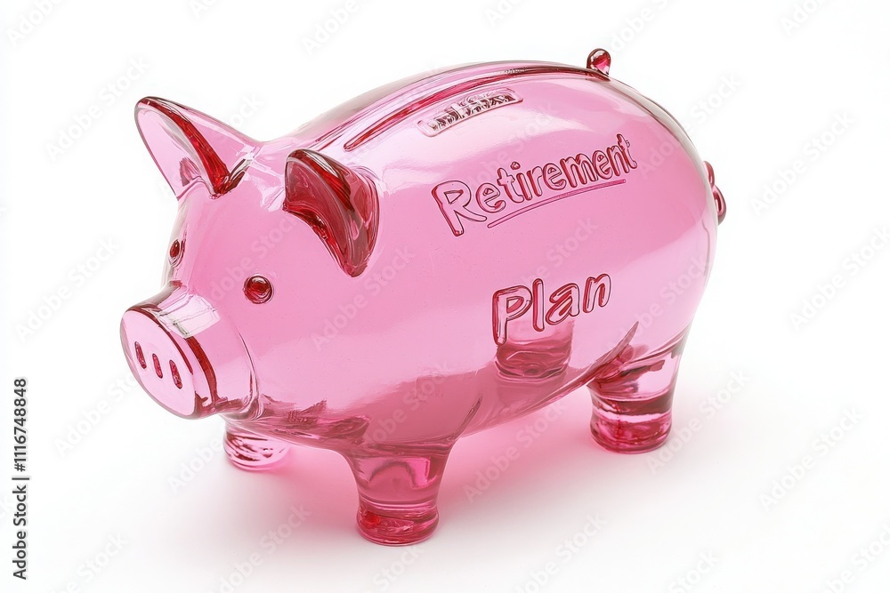 A transparent pink piggy bank sits on a plain surface, clearly labeled with the words retirement plan. Its a colorful representation of saving and financial planning for the future.
