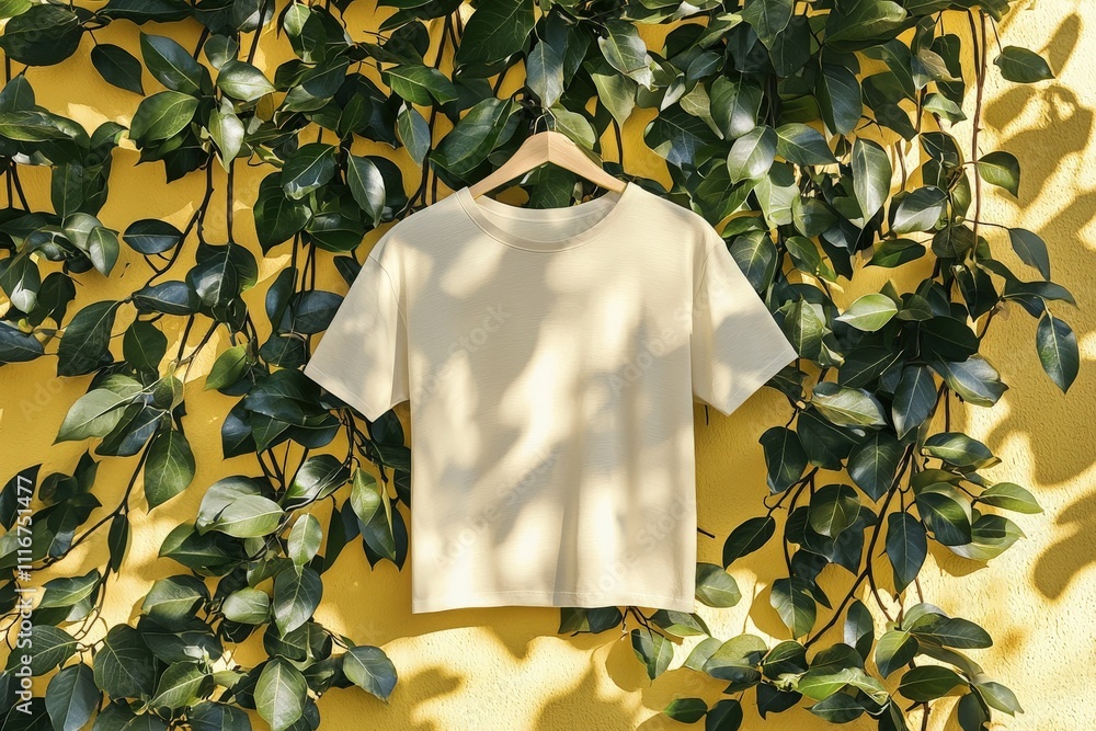 A light desert beige t-shirt is displayed on a wooden hanger amidst vibrant green leaves, creating a beautiful contrast with the bright yellow wall behind it.