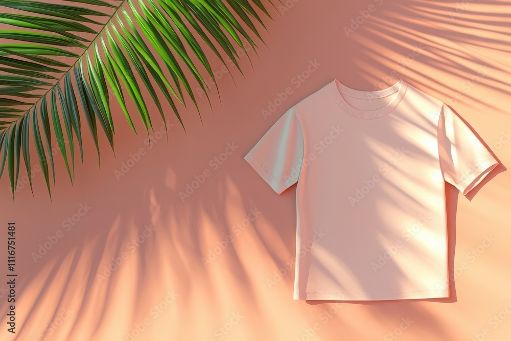 A light pink shirt is styled against a soft peach backdrop, enhanced by shadows from a palm leaf, creating a vibrant and fresh atmosphere ideal for a casual summer look.