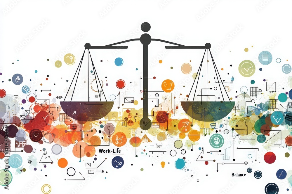 Bright colors and abstract shapes fill the background as a scale symbolizes the balance between work and life.