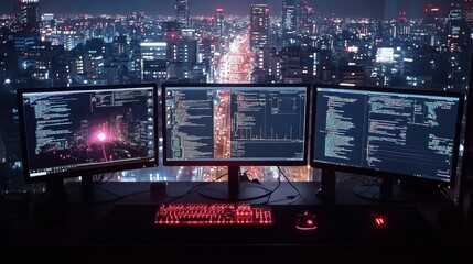 Triple computer monitors displaying programming code and cityscape at night, software development workspace, technology theme, futuristic ambiance, coder lifestyle, urban background, digital work env