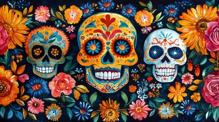 Wall Mural - Sugar Skulls Surrounded by Vibrant Flowers