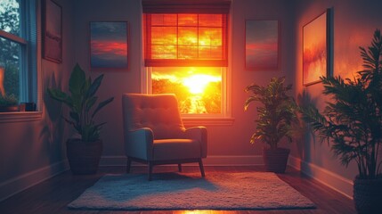 Aufkleber - A serene living room features a comfortable armchair facing a window, where a stunning sunset casts warm colors across the walls. The atmosphere is peaceful and inviting.