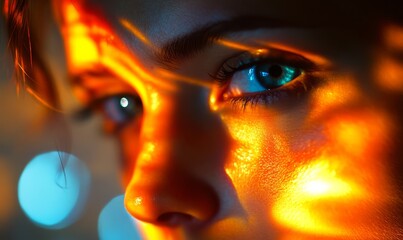 Wall Mural - A surreal and intense close-up of a woman's face, featuring striking colors and abstract lighting effects, creating a sense of mystery and tension.