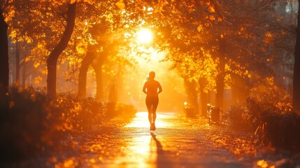 Poster - A jogger moves gracefully along a tree-lined path in a serene park, surrounded by vibrant autumn foliage under the warm sunset light.