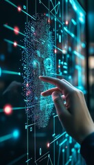 Wall Mural - hand engaging with advanced 3d facial recognition technology on a modern computer interface