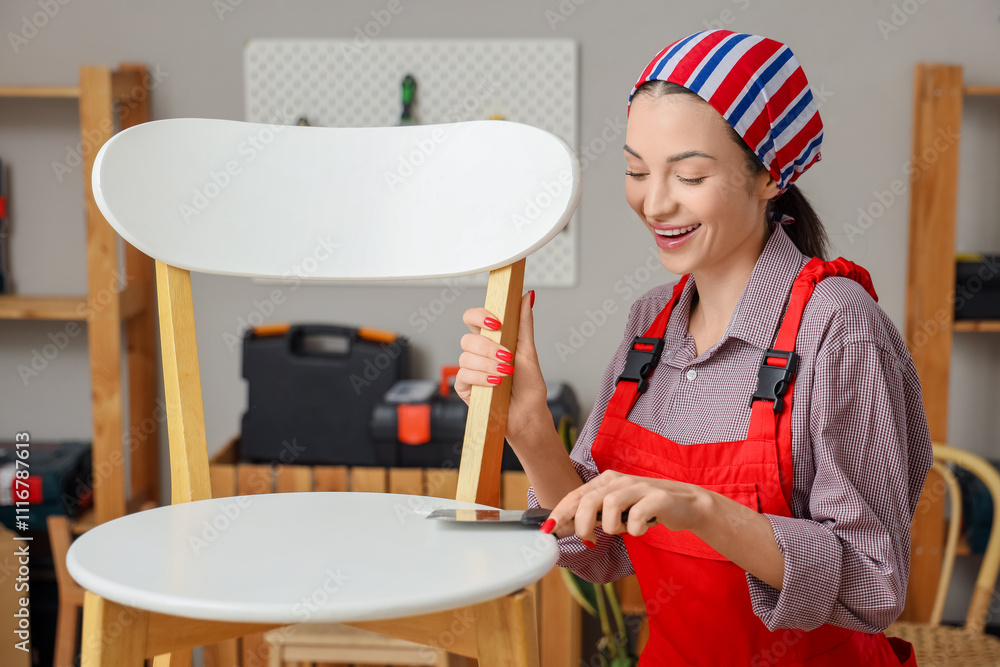 Female decorator putting putty on chair in room