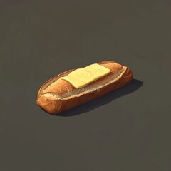 Wall Mural - A freshly baked sandwich loaf with a slice of yellow cheese on top, presented on a dark surface.