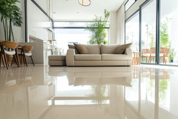 Wall Mural - Contemporary minimalist living room featuring a modern beige epoxy resin floor design