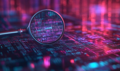 Wall Mural - in this abstract technology environment, a magnifying glass is focused on a document to illustrate t