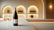 © Paul - Elegant minimalist wine cellar, perfectly aligned bottles on sleek wooden shelves, neutral tones, soft lighting, modern design, calm atmosphere