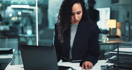 Poster - Office, business woman and laptop for audit, research and typing with reading in finance agency. Female person, tech and documents for investment in company for growth, stock market and working late