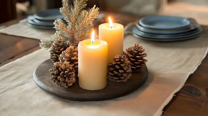 Wall Mural - Rustic table setting with three lit candles and pinecones, ideal for cozy holiday gatherings4k image