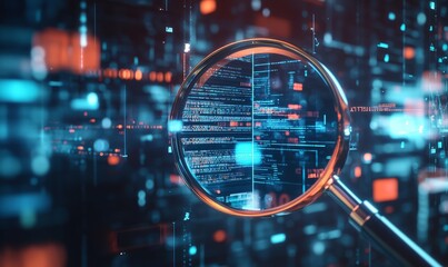 In this abstract technology environment, a magnifying glass is focused on a document to illustrate the concept of IT Security Risk Assessment.