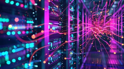 Wall Mural - data transmission visualization: bright, dynamic lines representing data flowing between servers and