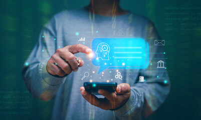 Poster - Artificial Intelligence, Businessman using technology AI to be assistant in creating information for business. Futuristic technology transformation, Ai technology, Generate something by AI.