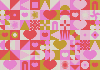 Wall Mural - valentine's day background. love and heart. trendy geometric shapes with circles, squares and hearts