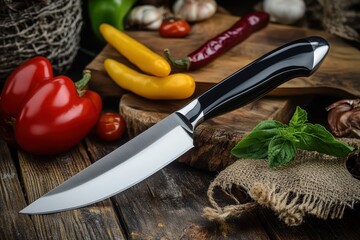 New stainless steel chef or butcher knife with black handle professional kitchen tool for slicing vegetables or meat