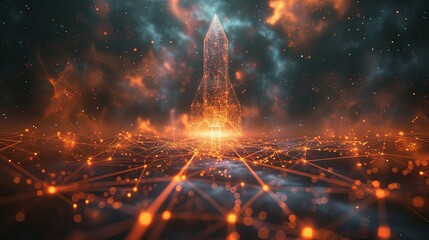 Wall Mural - networked rocket launching into a cosmic nebula of orange and blue