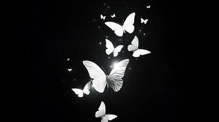 glowing white butterflies on black background.