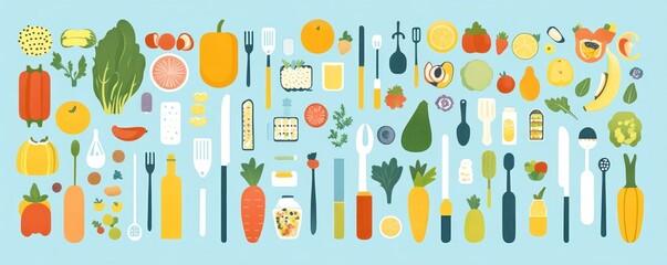  A colorful arrangement of various fruits, vegetables, and kitchen utensils on a light blue background.