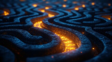 Wall Mural - Abstract Glowing Maze Dark Blue And Orange