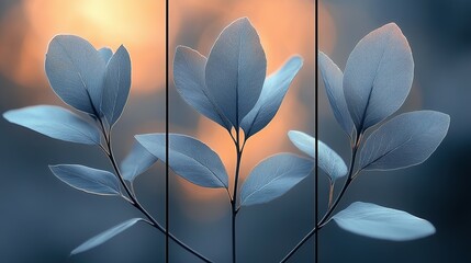 Wall Mural - Tranquil Blue Leaves Against A Soft Sunset Background
