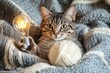 © Minerva Studio - Cat holding light bulb and yarn ball on knitted blanket