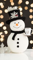 Canvas Print - A cheerful snowman holds a steaming cup of coffee, embodying the cozy spirit of Christmas amidst a snowy backdrop.