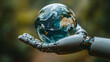 © Your Hand Please - futuristic robot hand delicately holds a crystal glass globe representing Earth symbolizing the harmony of technology and nature global responsibility innovation and sustainable progress